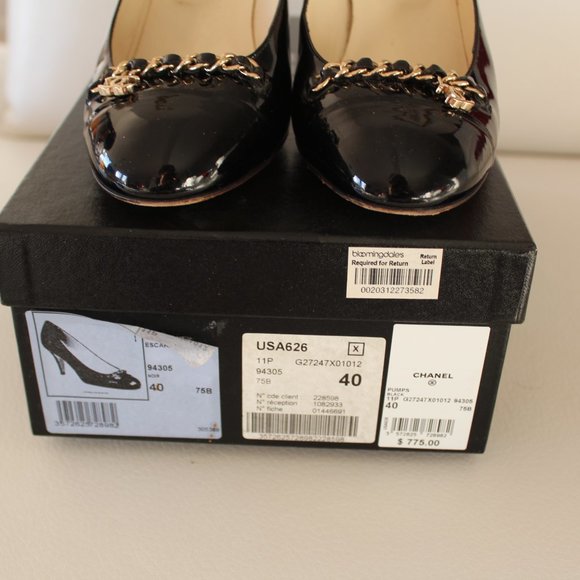 CHANEL BLACK PATENT LEATHER PUMPS HEELS SHOES ESCAPRINS 40 CHAIN LOGO - Picture 7 of 7